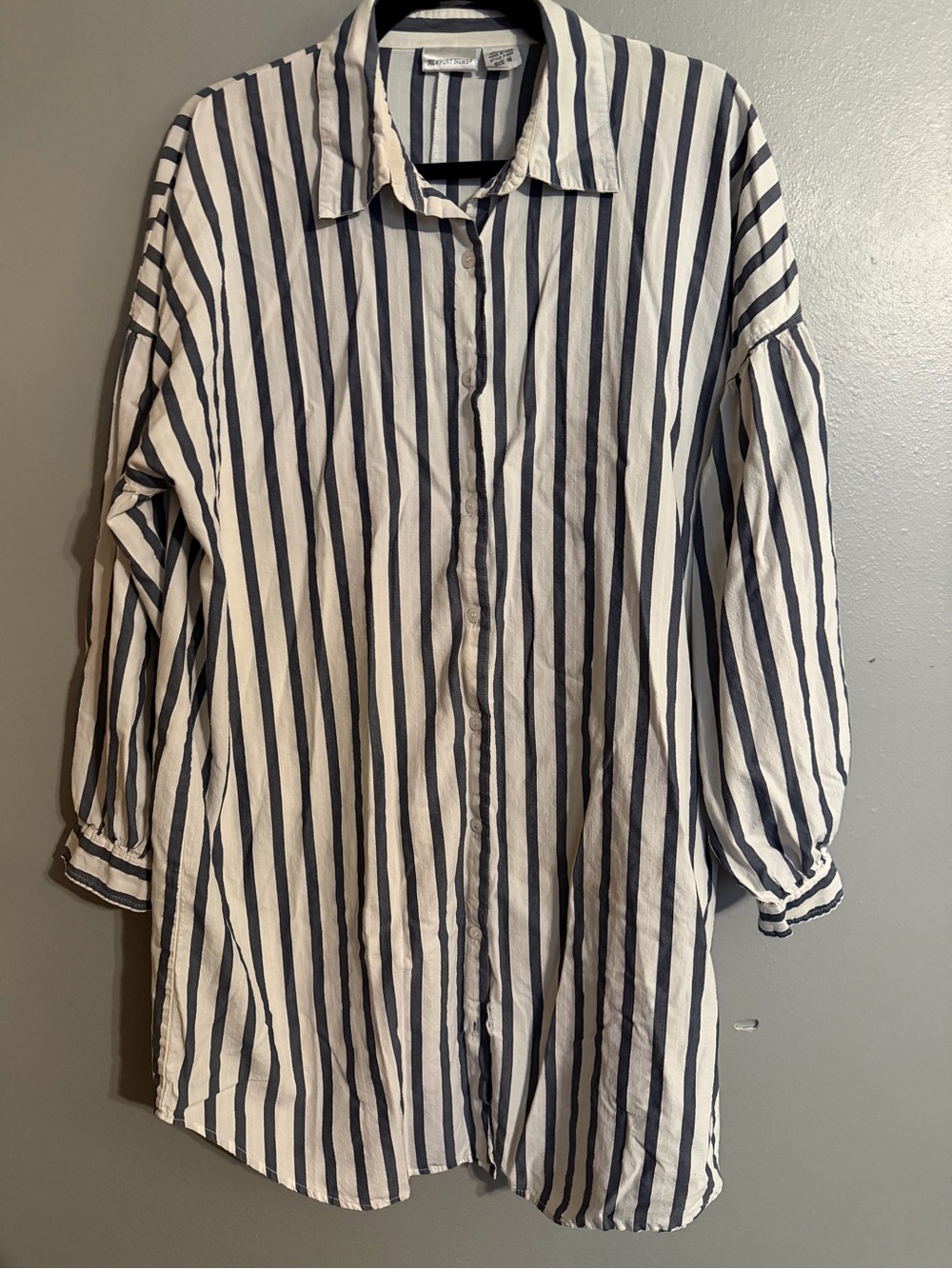 Newport News White and Navy Vertical Stripe Long-Sleeve Shirt Dress